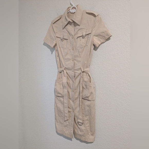 Escada Cream Fitted Belted Short Sleeve Button-Up Midi Shirt Dress Utility - Picture 4 of 11